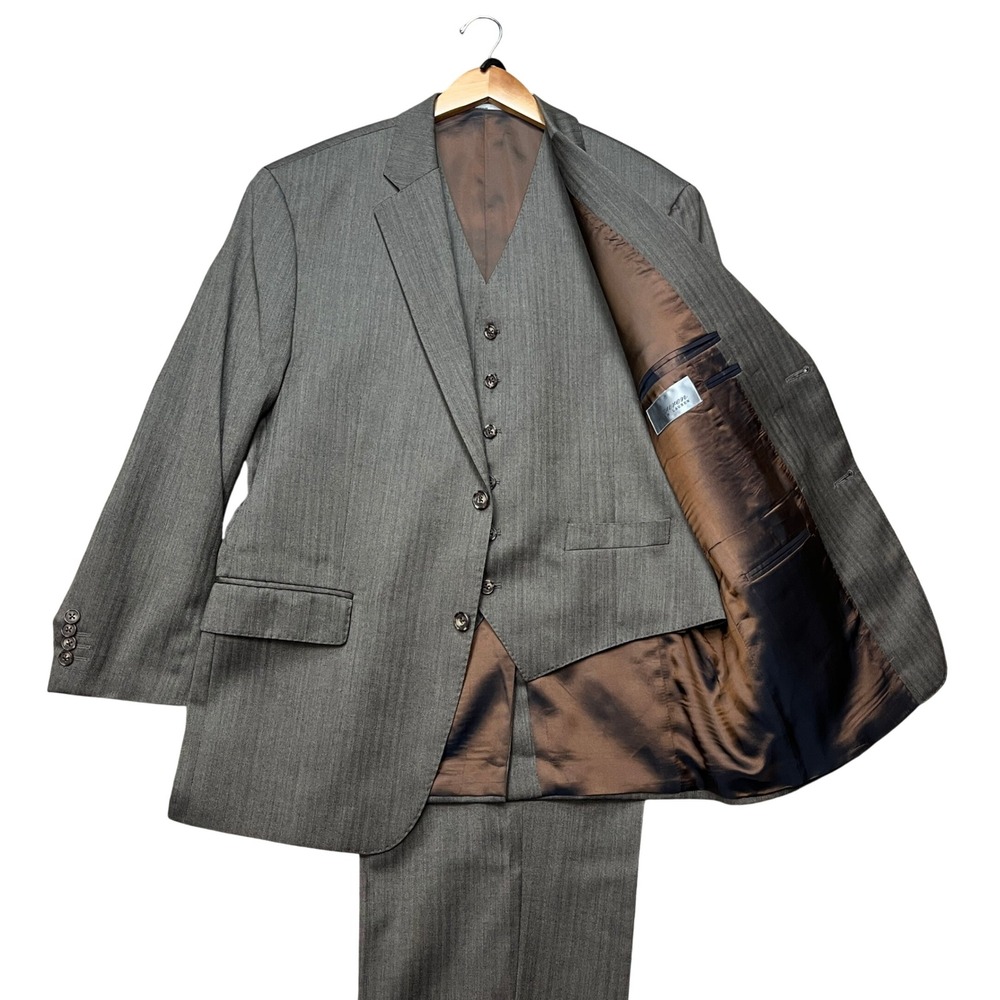 Lauren Ralph Lauren 3-Piece Suit Men 42R Brown Gray Herringbone Blazer Vest Pant